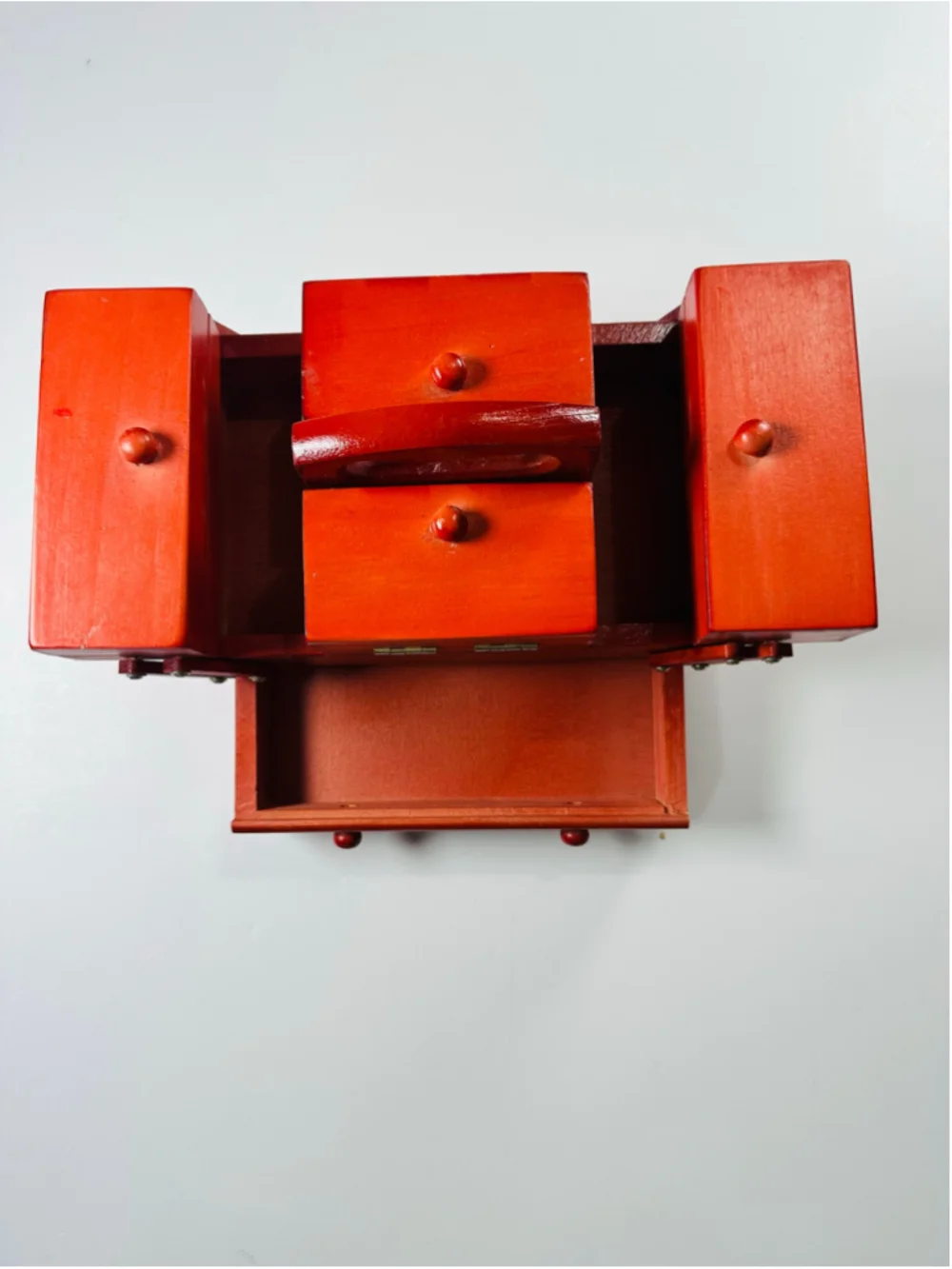 Mini Red Wooden Accordion Sewing Box Craft Organizer